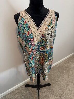Boho Paisley Crochet Trim Sleeveless Top - Teal Multi
